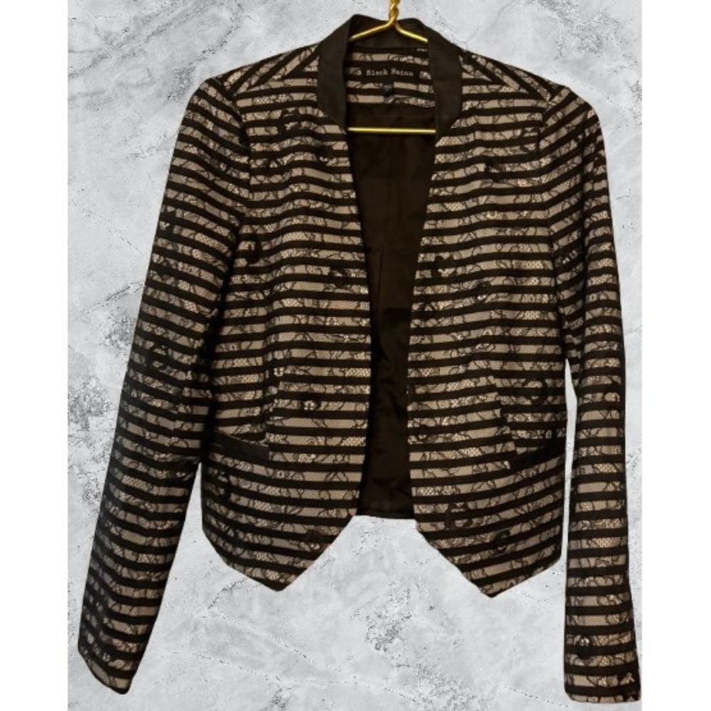 Black Rainn Striped Lace Blazer Faux Leather Trim Open Front Jacket Small